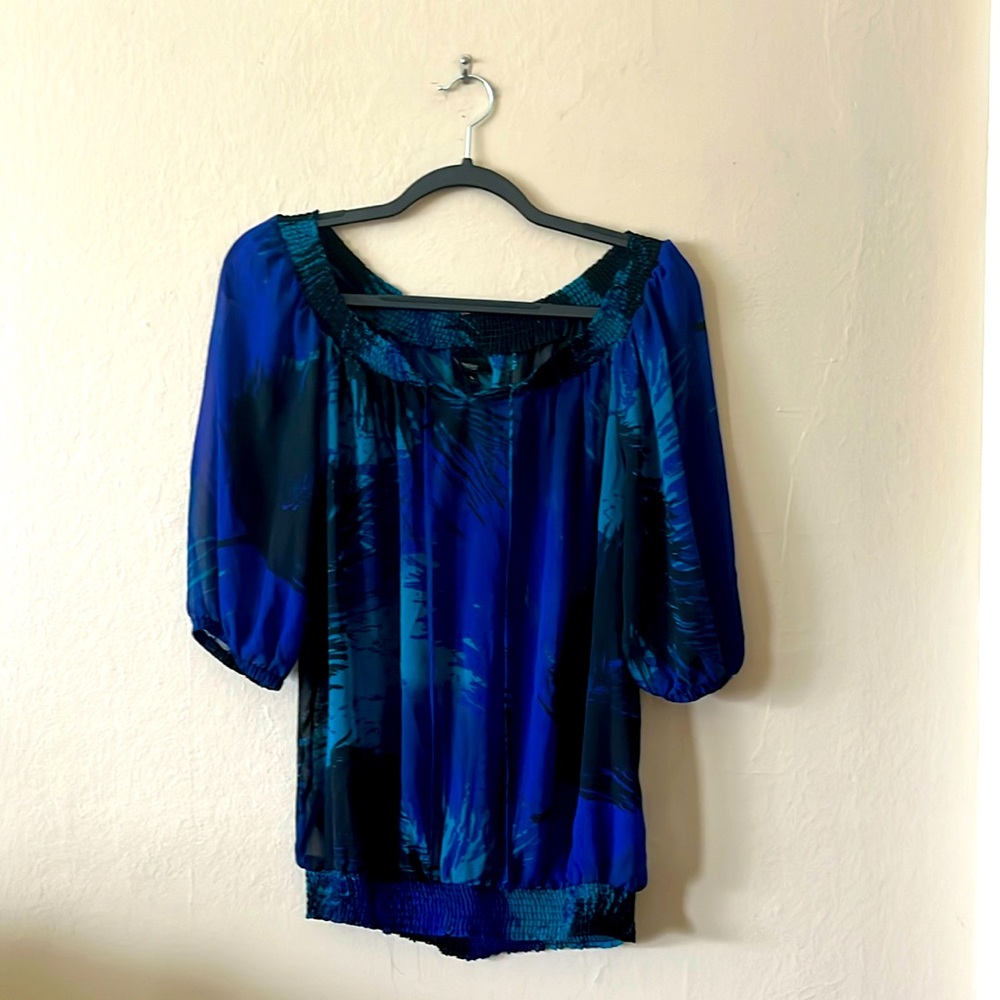 Mossimo Blue Black Sheer Feather Abstract Print Top S